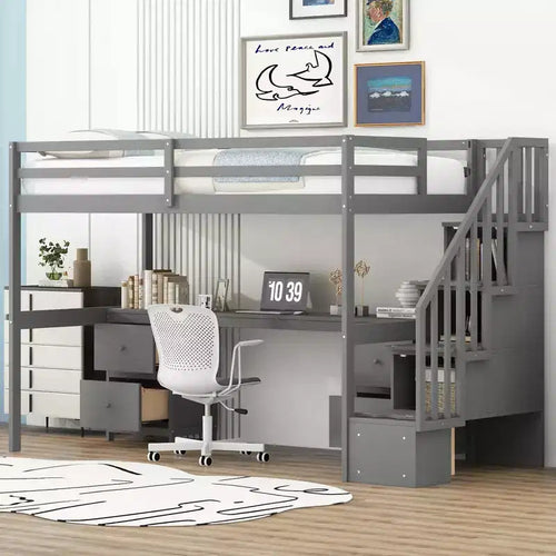 Twin Size Loft Bed Frame with Built-in Desk, Storage Stairs and 4 Drawers - ModernLuxe