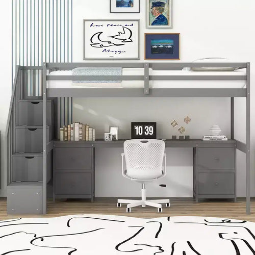 Twin Size Loft Bed Frame with Built-in Desk, Storage Stairs and 4 Drawers - ModernLuxe