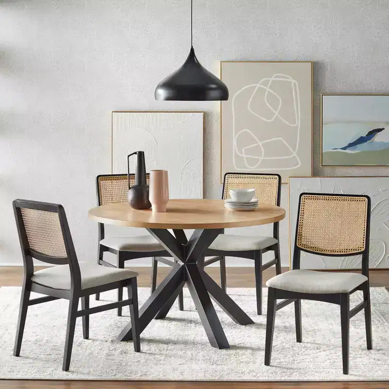 Lifestorey Set of 2 Gilcrest Modern Cane Back Dining Chairs Black/Natural: Mid-Century Modern, Rubberwood Frame, Gray Upholstery