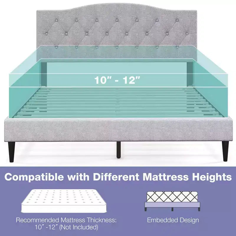 Costway Queen Size Upholstered Platform Bed Linen Bed Frame with Button Tufted Headboard
