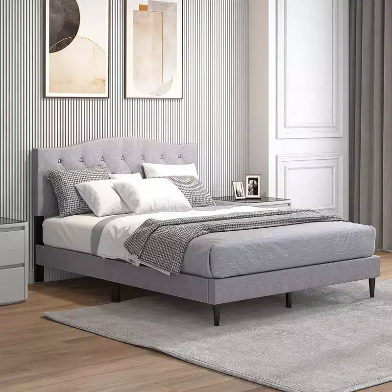 Costway Queen Size Upholstered Platform Bed Linen Bed Frame with Button Tufted Headboard