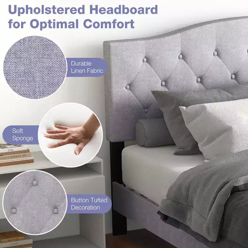 Costway Queen Size Upholstered Platform Bed Linen Bed Frame with Button Tufted Headboard