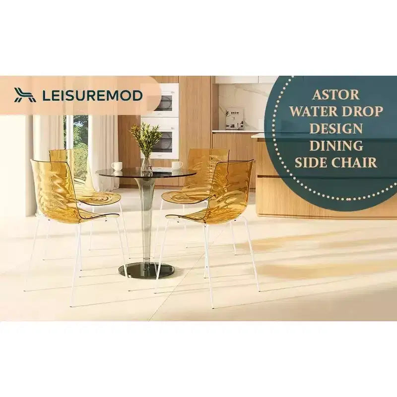 LeisureMod Astor Plastic Dining Chair - Water Ripple Design, White Stainless Steel Legs, Stackable Side Chair for Dining Room, Kitchen & Living Room