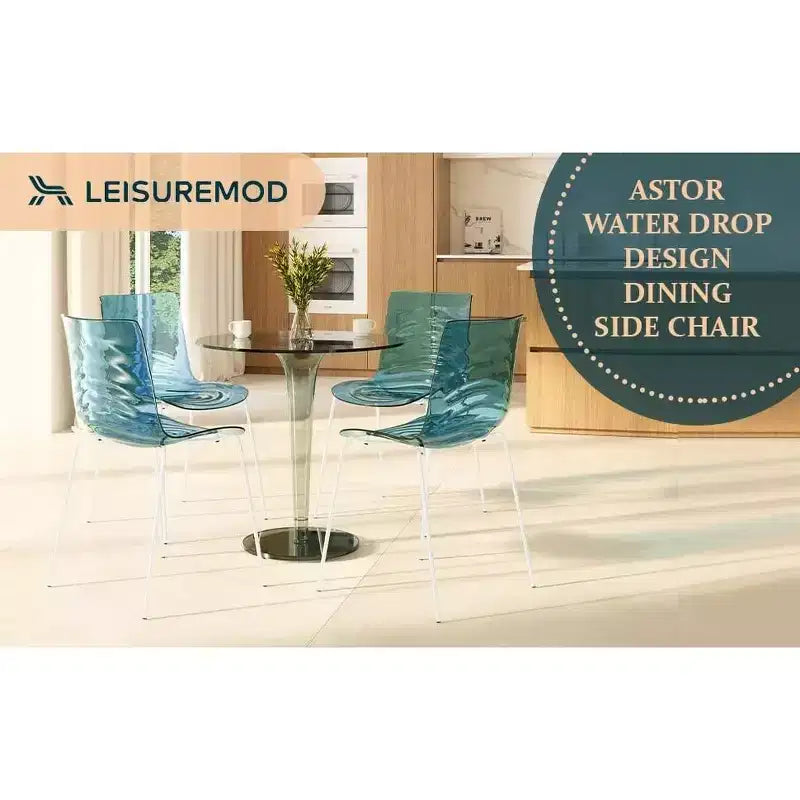 LeisureMod Astor Plastic Dining Chair - Water Ripple Design, White Stainless Steel Legs, Stackable Side Chair for Dining Room, Kitchen & Living Room