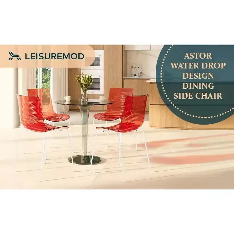 LeisureMod Astor Plastic Dining Chair - Water Ripple Design, White Stainless Steel Legs, Stackable Side Chair for Dining Room, Kitchen & Living Room